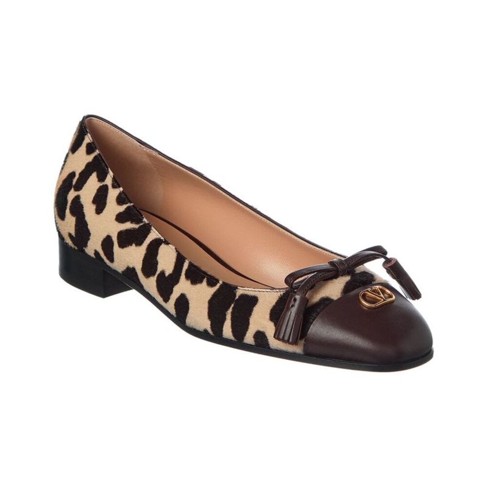 Valentino Vlogo 25 Valet Du Roi Leather & Haircalf Ballerina Flat, Brown